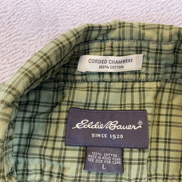 Eddie Bauer Men's Corded Chambray Button Up Shirt Large Green Plaid Casual - Picture 5 of 10